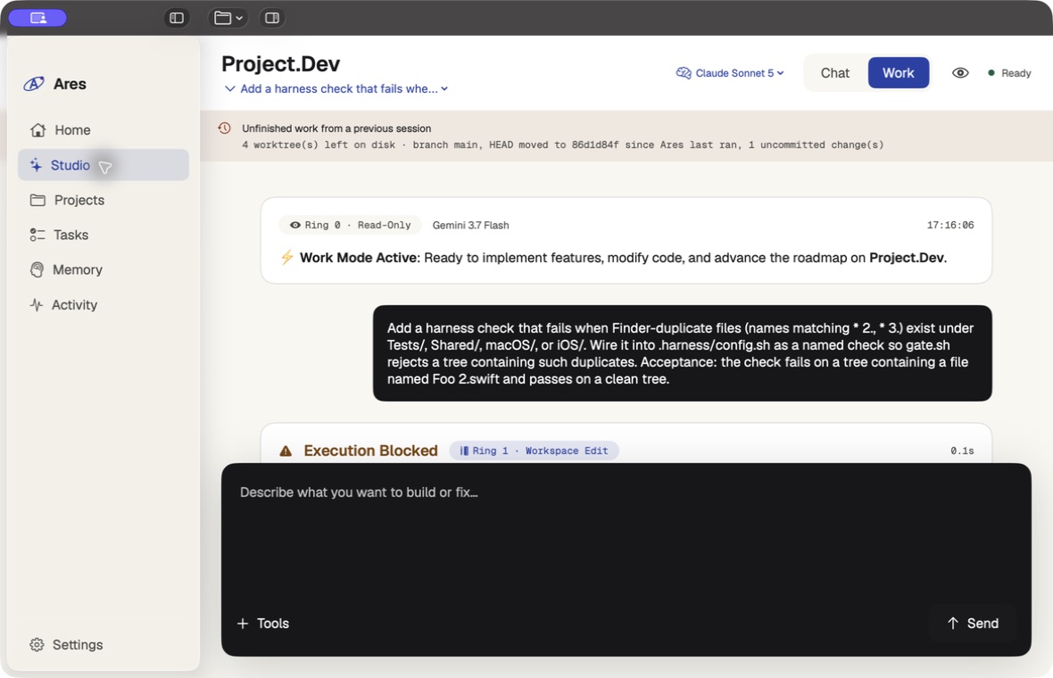 Current Project Ares Studio interface showing Work mode and an execution waiting for human approval